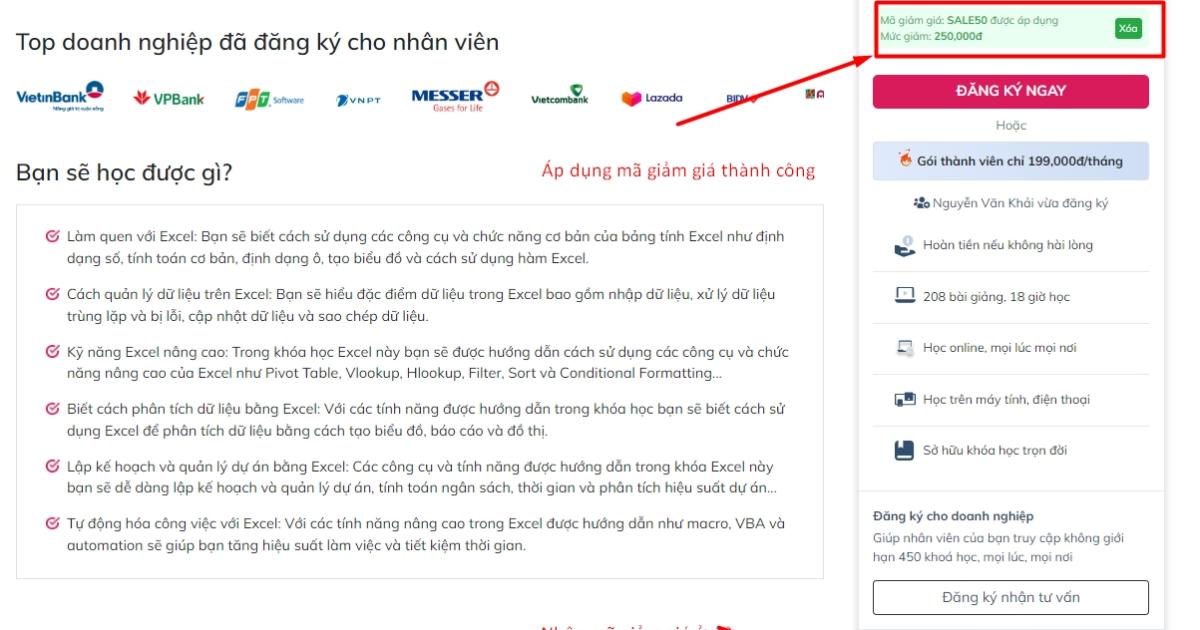 Mã giảm giá được áp dụng cho tất cả các khóa học của Gitiho