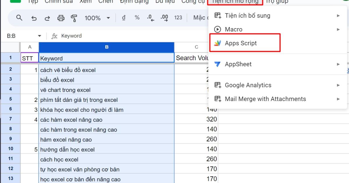 Mở cửa sổ Apps Script