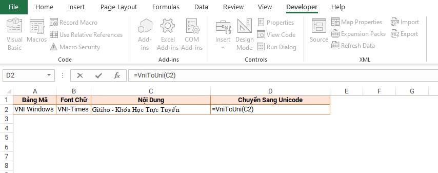 Chuyển font chữ của VNI WINDOWS sang font chữ của Unicode trực tiếp trên excel