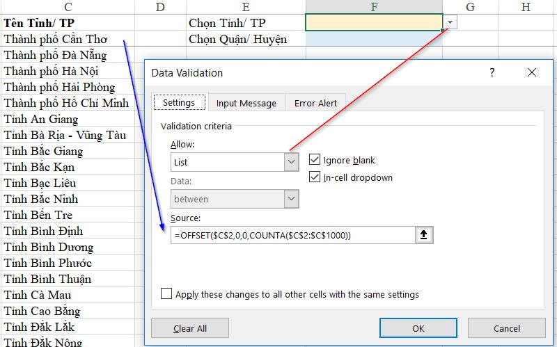 Hướng dẫn cách tạo danh sách (list) có điều kiện phụ thuộc nhau trong Excel bằng VBA