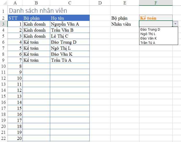 danh sách nhân viên tự động thay đổi khi chọn bộ phận