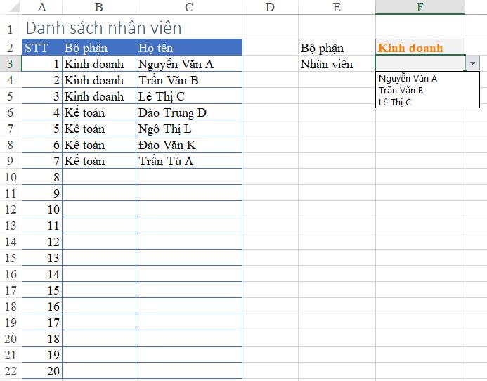tạo danh sách phụ thuộc trong data validation với hàm offset