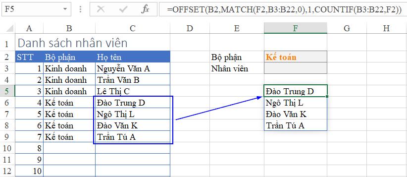 cách viết hàm offset tự động thay đổi họ tên nhân viên theo bộ phận