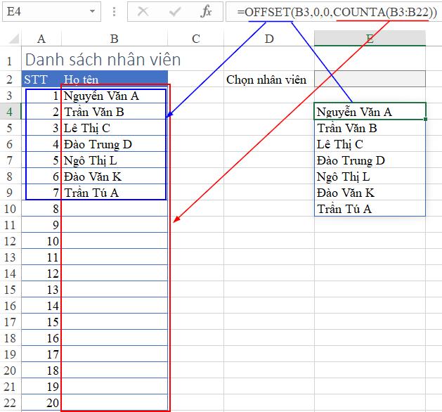 cách viết hàm offset kết hợp hàm counta để tạo danh sách tự động mở rộng