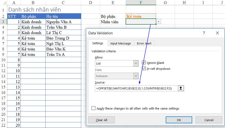 sử dụng hàm offset tạo danh sách phụ thuộc trong data validation