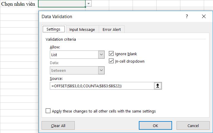 sử dụng hàm offset trong Data Validation