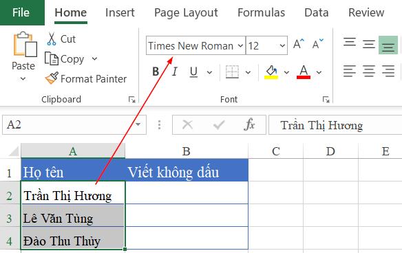 kiểm tra font chữ sử dụng trong excel trên thẻ home