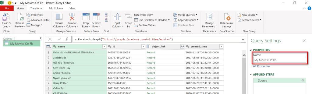 Lấy dữ liệu trên trang Facebook cá nhân vào Excel với Power Query