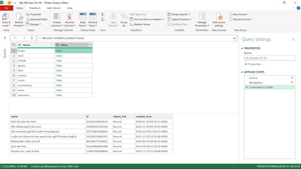 Lấy dữ liệu trên trang Facebook cá nhân vào Excel với Power Query