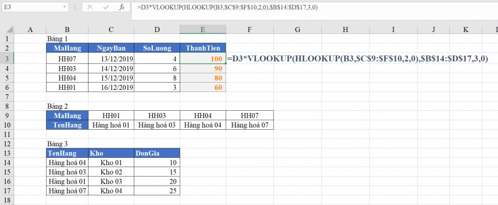 Hàm Vlookup lồng hàm Hlookup