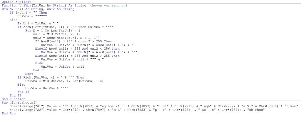 Unicode tiếng việt khi viết trong VBA