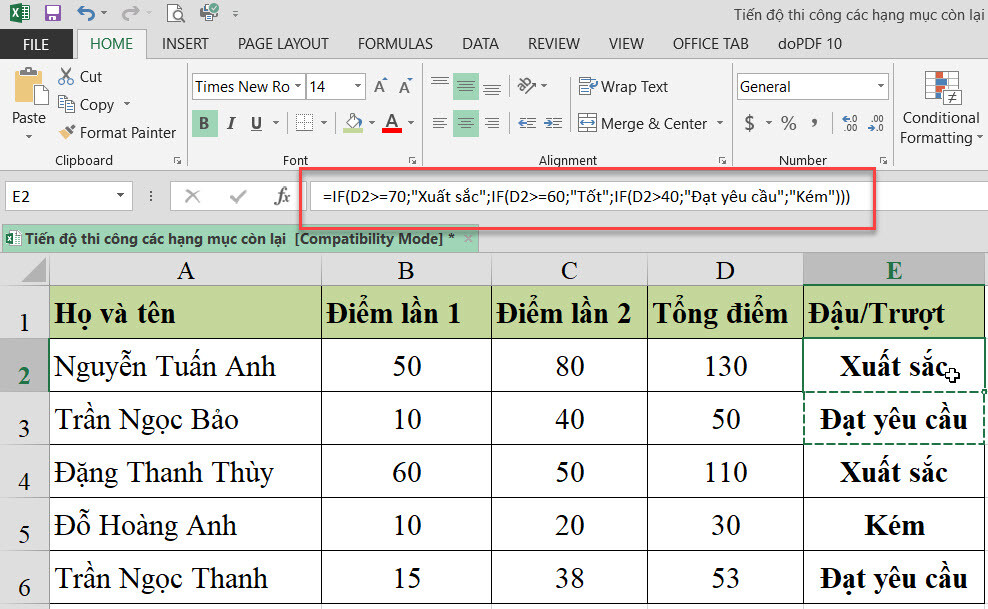 Kết ngược khi sử dụng nhiều hàm IF lồng nhau nhập Excel