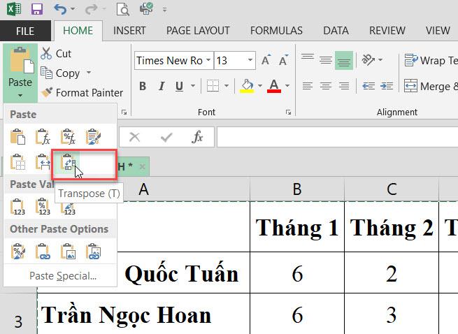 Chọn nút “Transpose” trong menu xổ xuống như trong hình