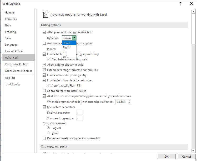 Hướng dẫn cách điều chỉnh hành động của phím Enter khi dùng Excel