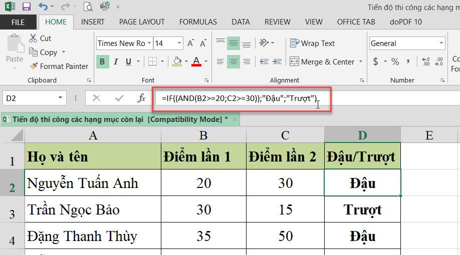 Kết quả sử dụng hàm IF trong Excel để xác định đậu, trượt trong kỳ thi