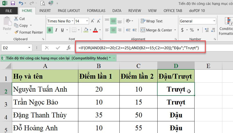 Hàm IF kết hợp đồng thời cả hàm AND và OR để xác định đậu, trượt