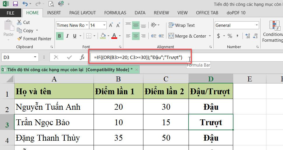 Ví dụ dùng hàm IF kết hợp với hàm OR để xác định đậu, trượt