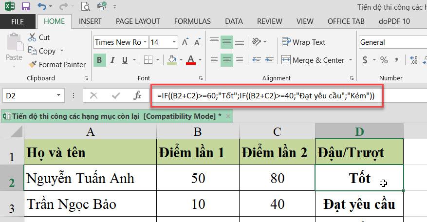 Ví dụ về hàm IF lồng nhau kết hợp với phép tính tổng