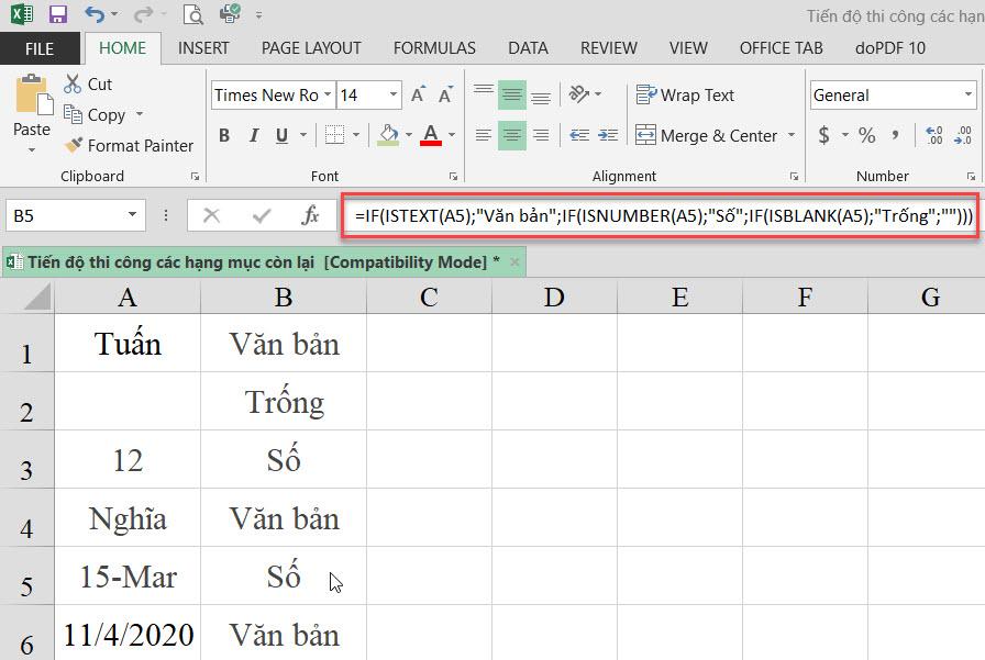 Cách dùng hàm IF trong Excel kết hợp hàm ISNUMBER và ISTEXT để xác định dữ liệu