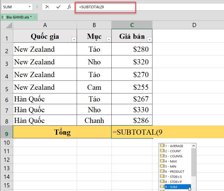Hàm SUBTOTAL trong Excel: công thức, cách dùng và ví dụ