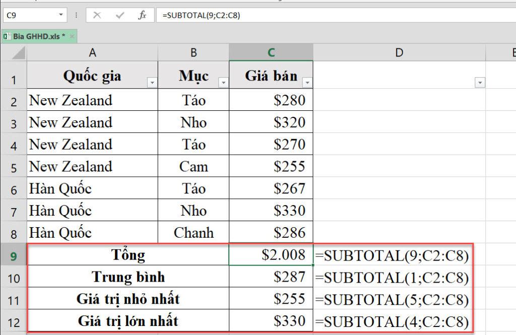 Hàm SUBTOTAL trong Excel: công thức, cách dùng và ví dụ