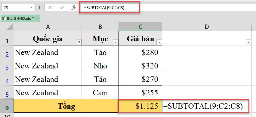 Hàm SUBTOTAL trong Excel: công thức, cách dùng và ví dụ