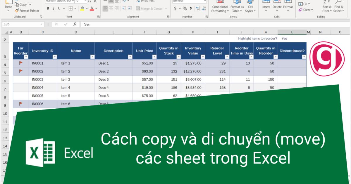 Cách copy và thay đổi vị trí các sheet trong Excel