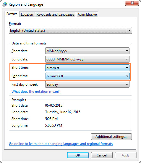 To change the default time format, go to Control Panel and click Region and Language.