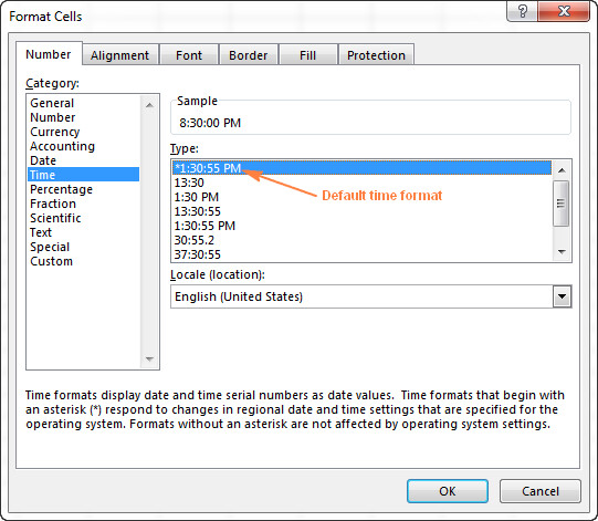 Default time format in Excel