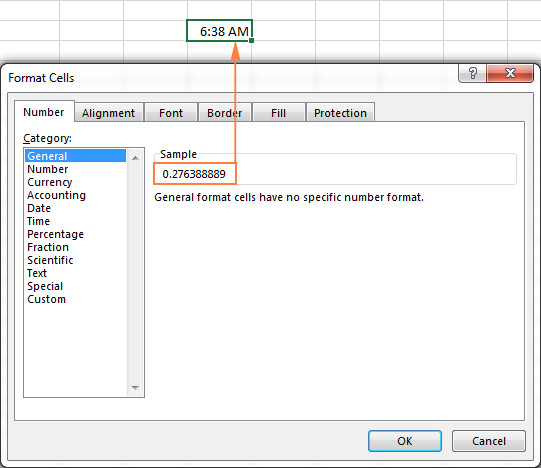 Select a decimal number representing a time using the Format Cells dialog box.