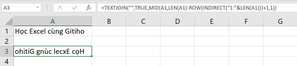 Hướng dẫn sử dụng hàm TEXTJOIN làm hàm đảo ngược chuỗi trong Excel