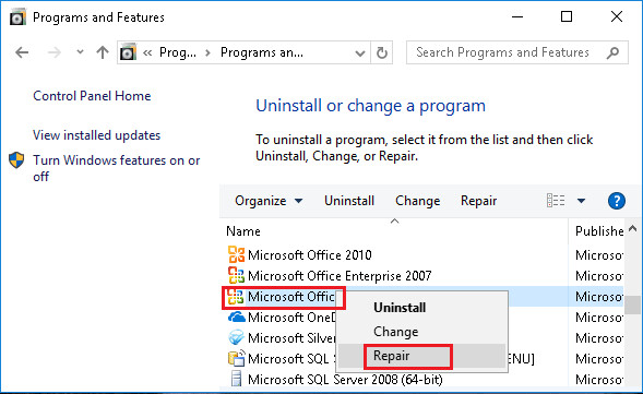 how to repair microsoft excel 2010 in control panel