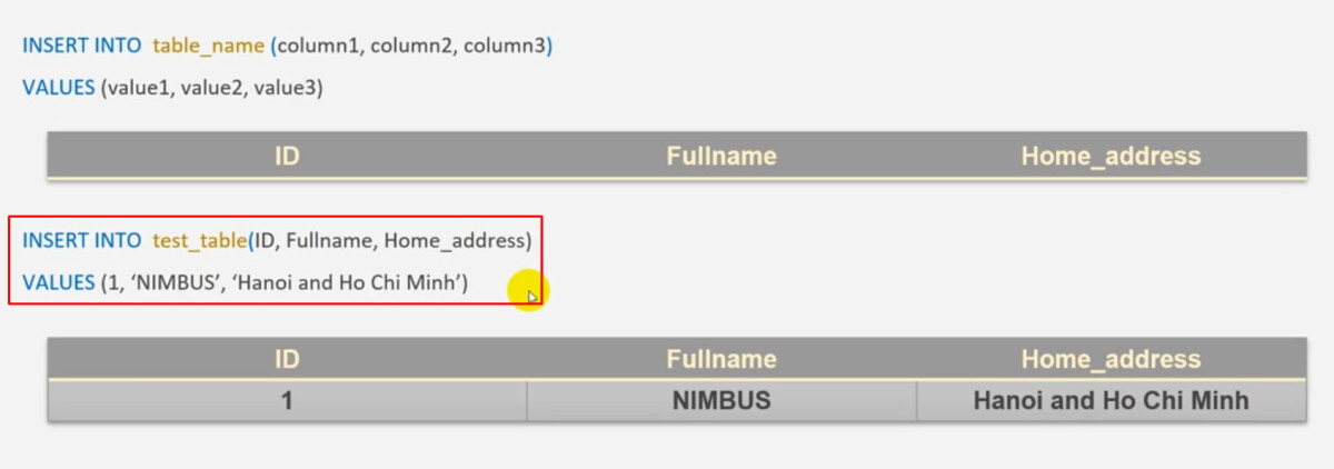 Cách viết câu lệnh INSERT INTO trong SQL có ví dụ minh họa