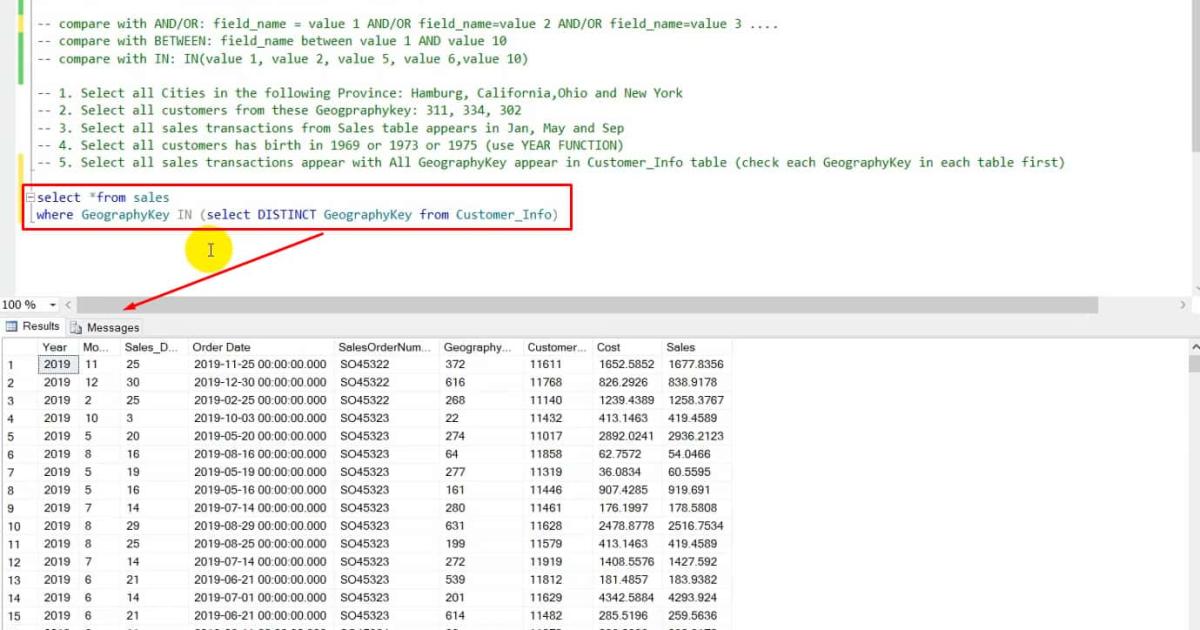 Cách dùng toán tử IN và NOT IN trong SQL, kèm ví dụ thực tế