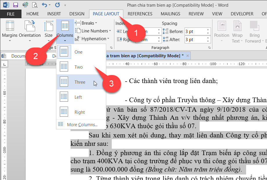 cách chia văn bản thành 2 cột