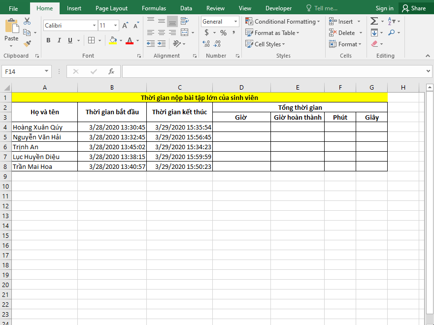 cách trừ thời gian trong excel