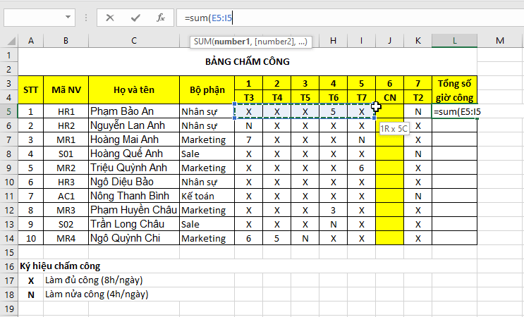 Công thức tính ngày công bằng hàm Excel