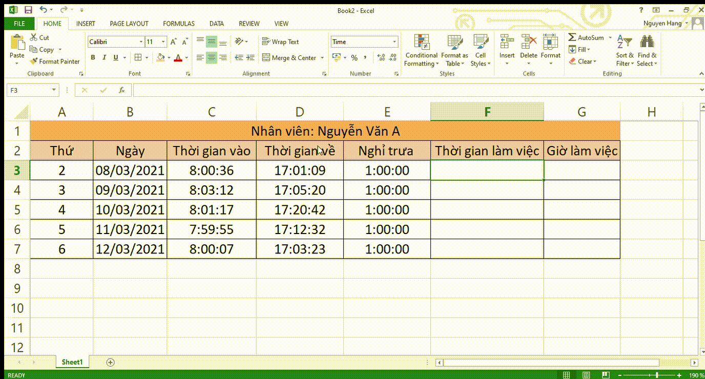 Thực hiện tính giờ tự động bằng Excel