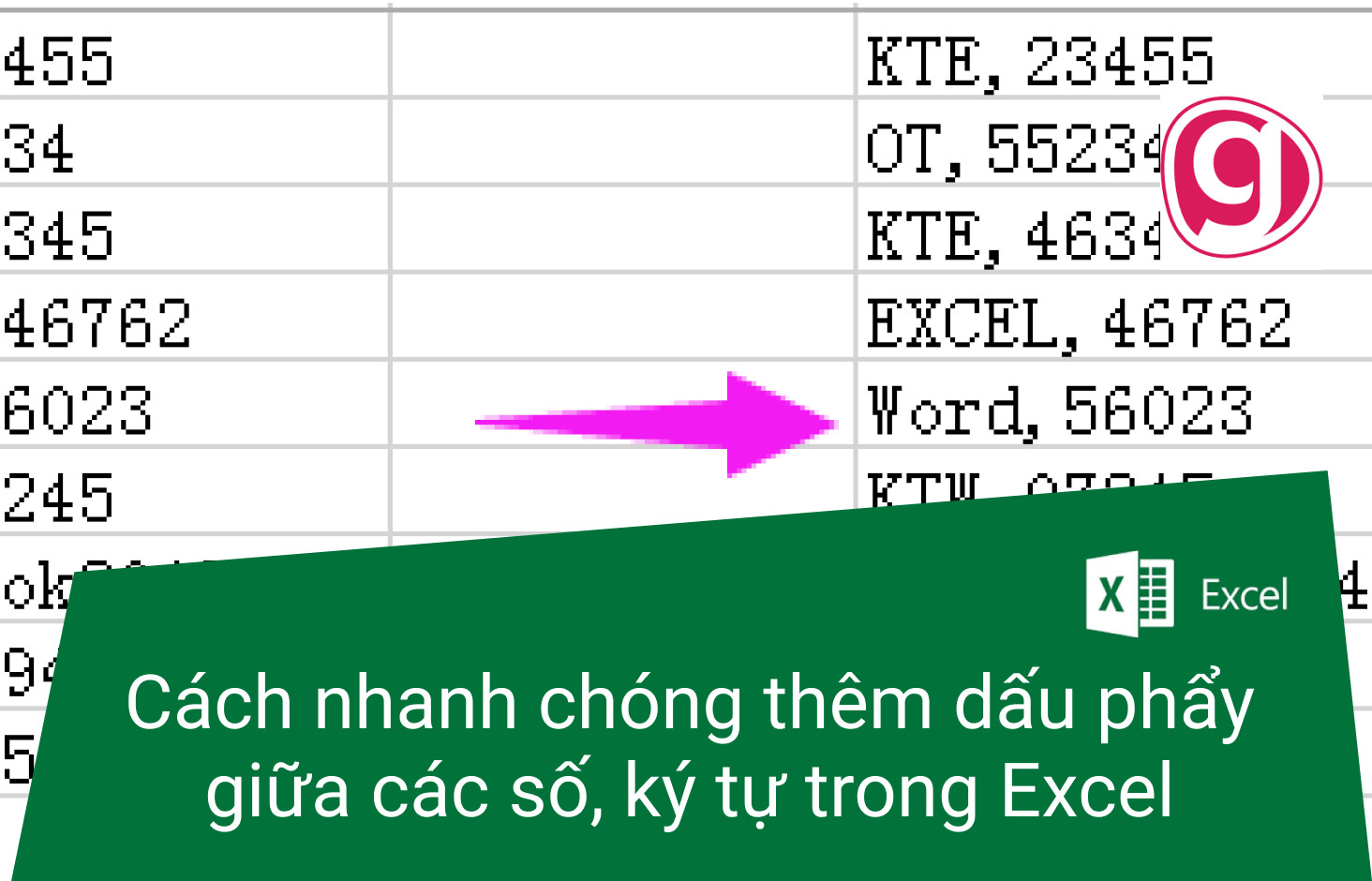 Cách nhanh chóng thêm dấu phẩy giữa các số, ký tự trong Excel