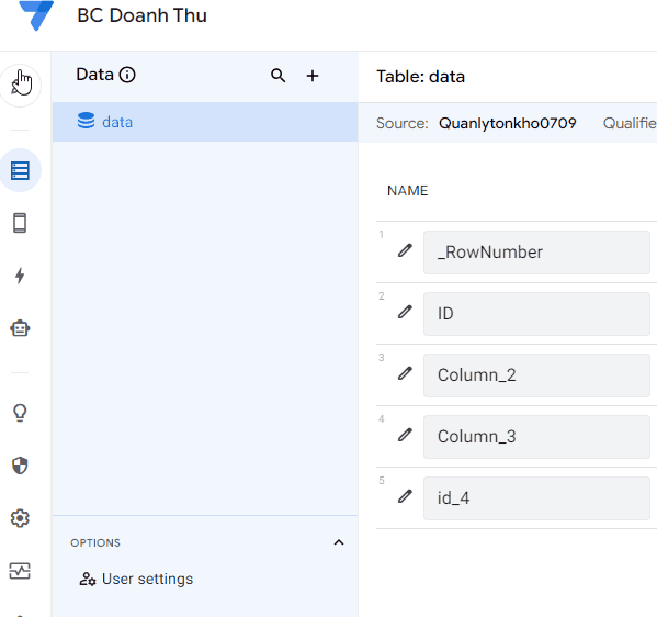Menu điều hướng bên trái của Appsheet