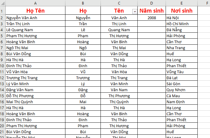 Nhập dữ liệu tự động trong Excel