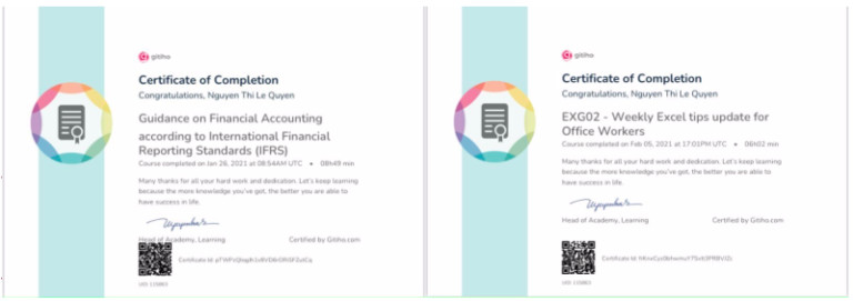 Mẫu chứng chỉ Excel sau khi hoàn thành khóa học tại Gitiho